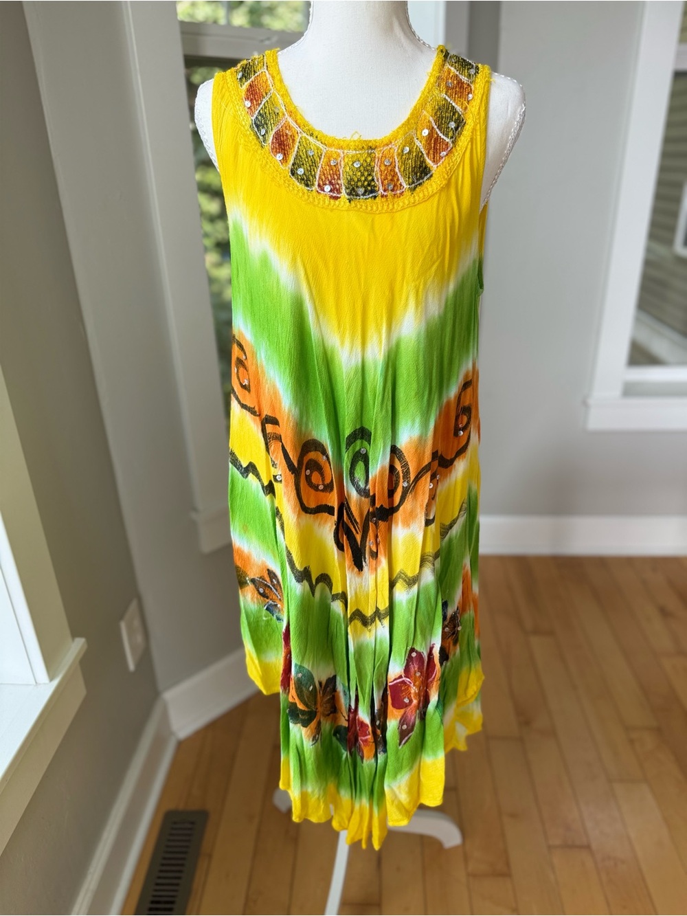 Vintage 90’s Yellow Green Tie-Dye Cotton Sequin Embellished Sleeveless Dress